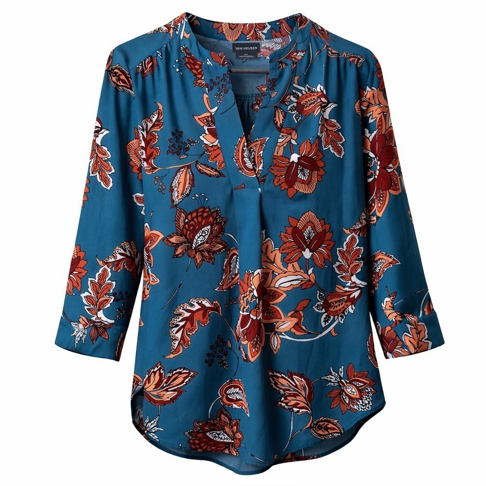 Van Heusen Teal Floral Blouse Women's Medium Split Neck 3/4 Sleeve
